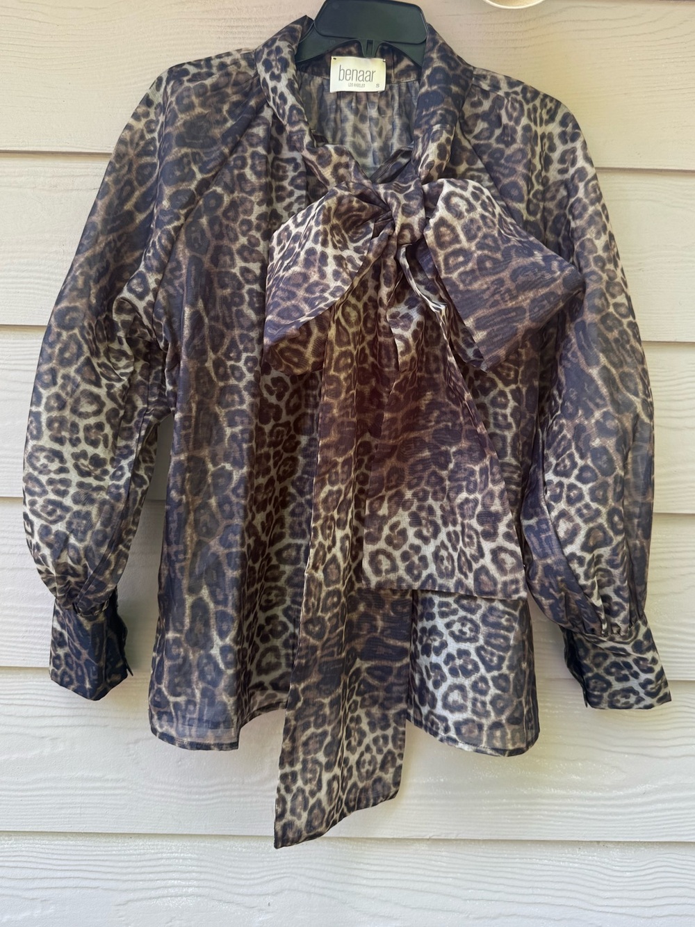 Benaar leopard print long-sleeve blouse with a bow neck detail